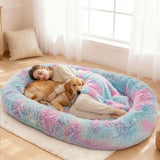 Human Dog Bed 71''Foldable for Adult Kids Faux Fur Washable Removable Giant Pet Bed with Present Blanket, Rainbow