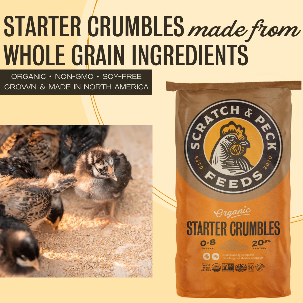 Scratch and Peck Feeds Whole Grain Starter Crumbles Chicken and Duck Feed - 25 lbs Bag - Corn-Free and Soy-Free - 20.5% Protein, Certified Organic and Non-GMO Project Verified Chicken Food