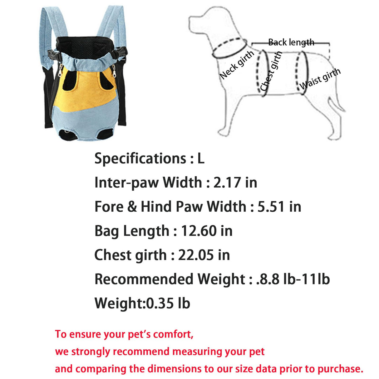 Lightweight Pet Backpack Carrier for Small Dogs & Cats - Easy-Fit Adjustable Straps, Basic Legs-Out Design, Durable for Daily Use (Fits Pets Under 15lb) (Yellow-Blue Color-Blocked, Large)