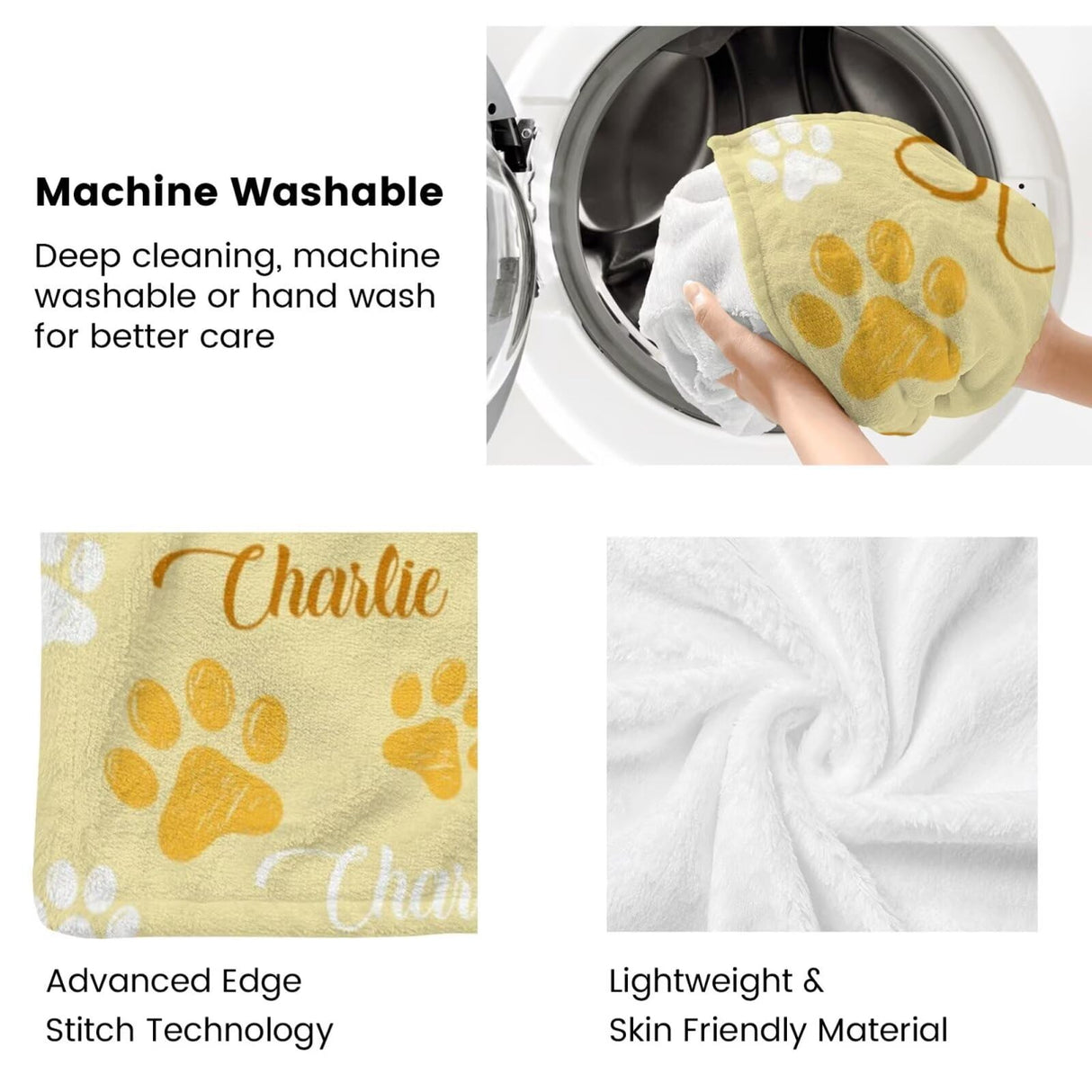 Custom Dog Blankets with Pet Name Personalized Yellow Paw Dog Blanket, Customized Dog Blanket for Medium Puppy Small Large Dogs, Washable All-Season Air-conditioned Rooms Blankets Dog Gifts 60" x 80"