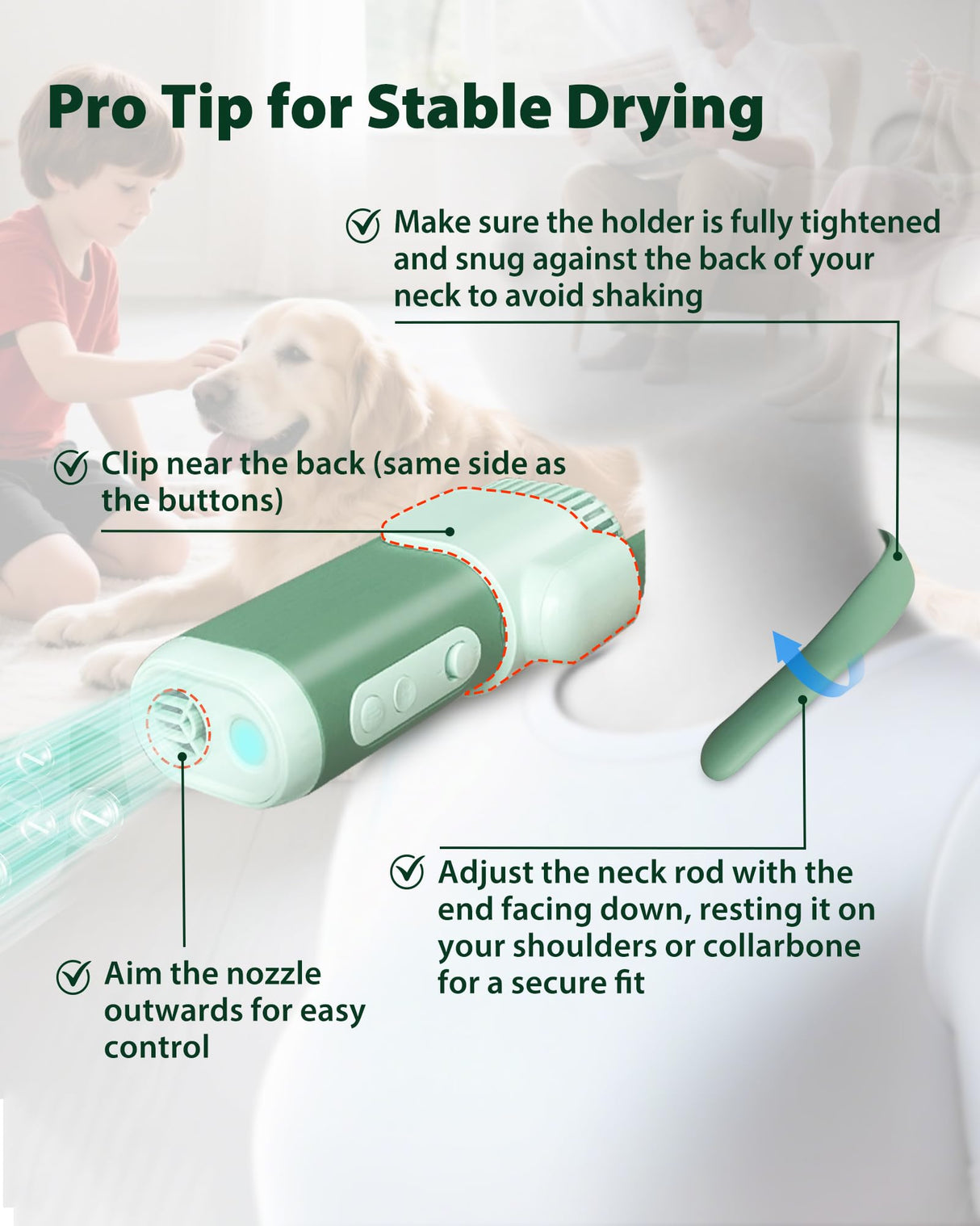 L&W BROS. Hands Free Dog Dryer – Powerful & Professional Pet Blow Dryer for Small & Medium Dogs & Cats, Adjustable Airflow, Easy Storage, Negative Ion Technology (Green)