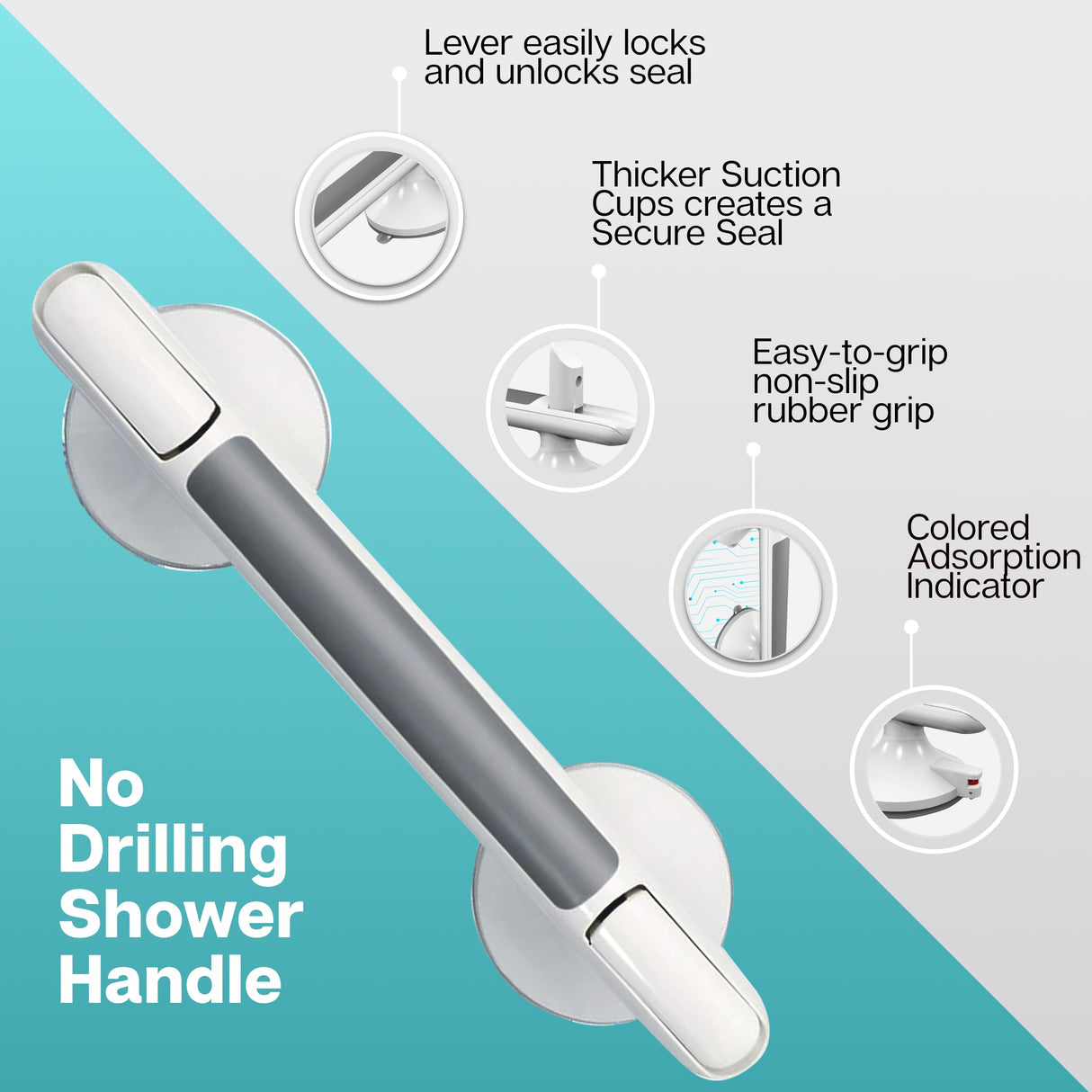 Shower Handle, 12-Inch Suction Grab Bar for Bathtubs, Showers and Toilet, Strong Hold Suction Cup Handle, Safety Bar for Seniors, Elderly, Handicap, Bathroom Safety Grip No Drilling - Single Pack