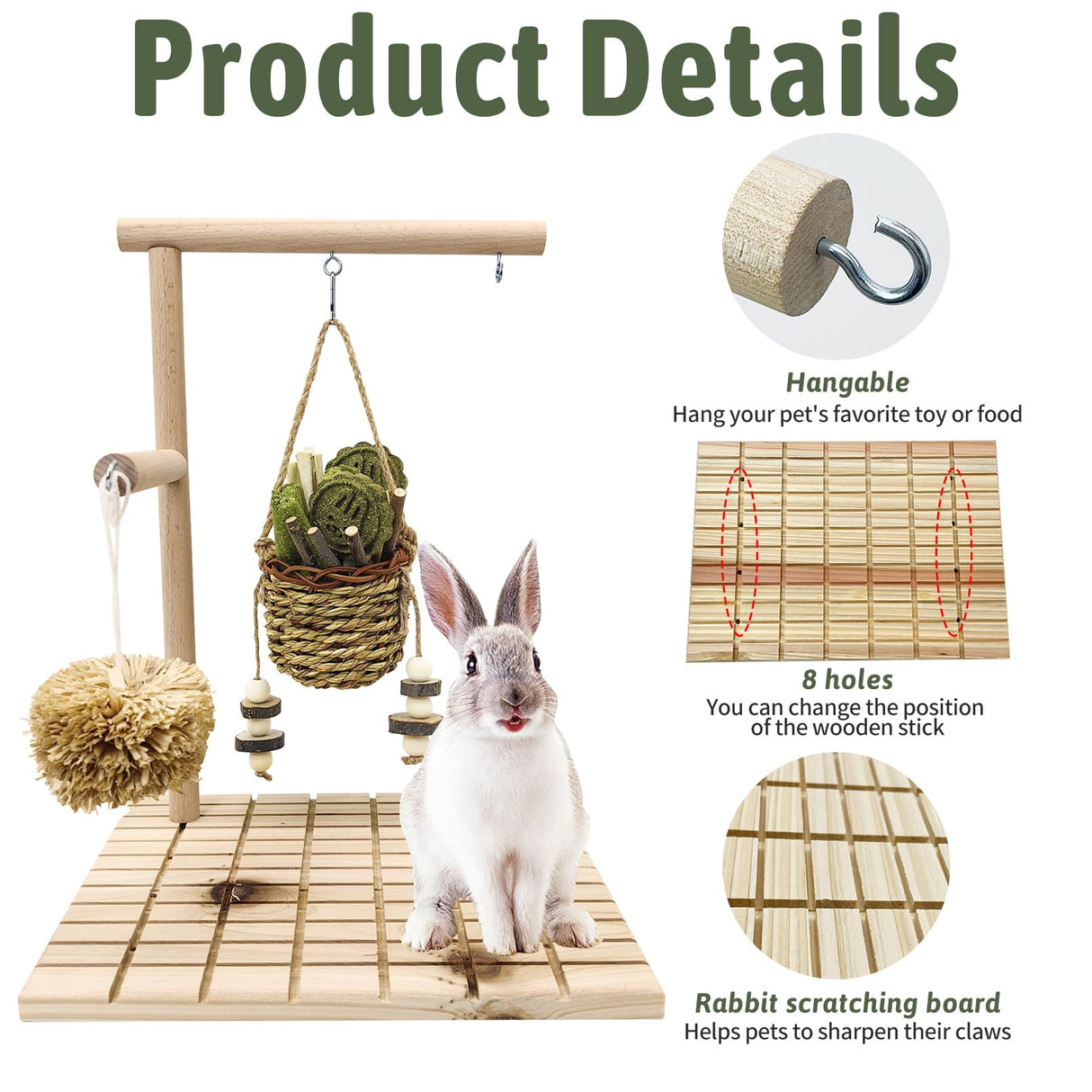 kathson Bunny Chew Toys for Teeth Grinding, Rabbit Wooden Scratch Board Feet Pad Platform Natural Seagrass Hanging Basket Small Animals Play Toy for Guinea Pigs Chinchilla Hamsters(C)