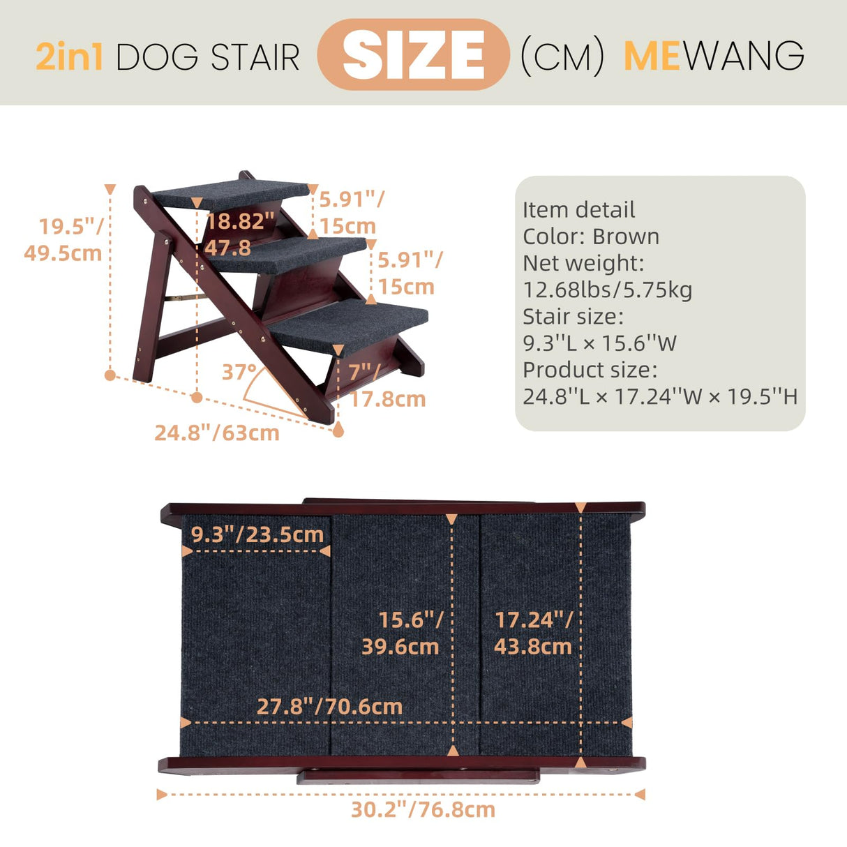 MEWANG Wooden Pet Stairs/Pet Steps - 3-in-1 Foldable Stairs & Ramp for Beds and Cars - Portable Dog/Cat Ladder Up to 220 Pounds - Great for Small and Older Animals(Brown) (24.8" L x 17.2" W x 19.5" H)