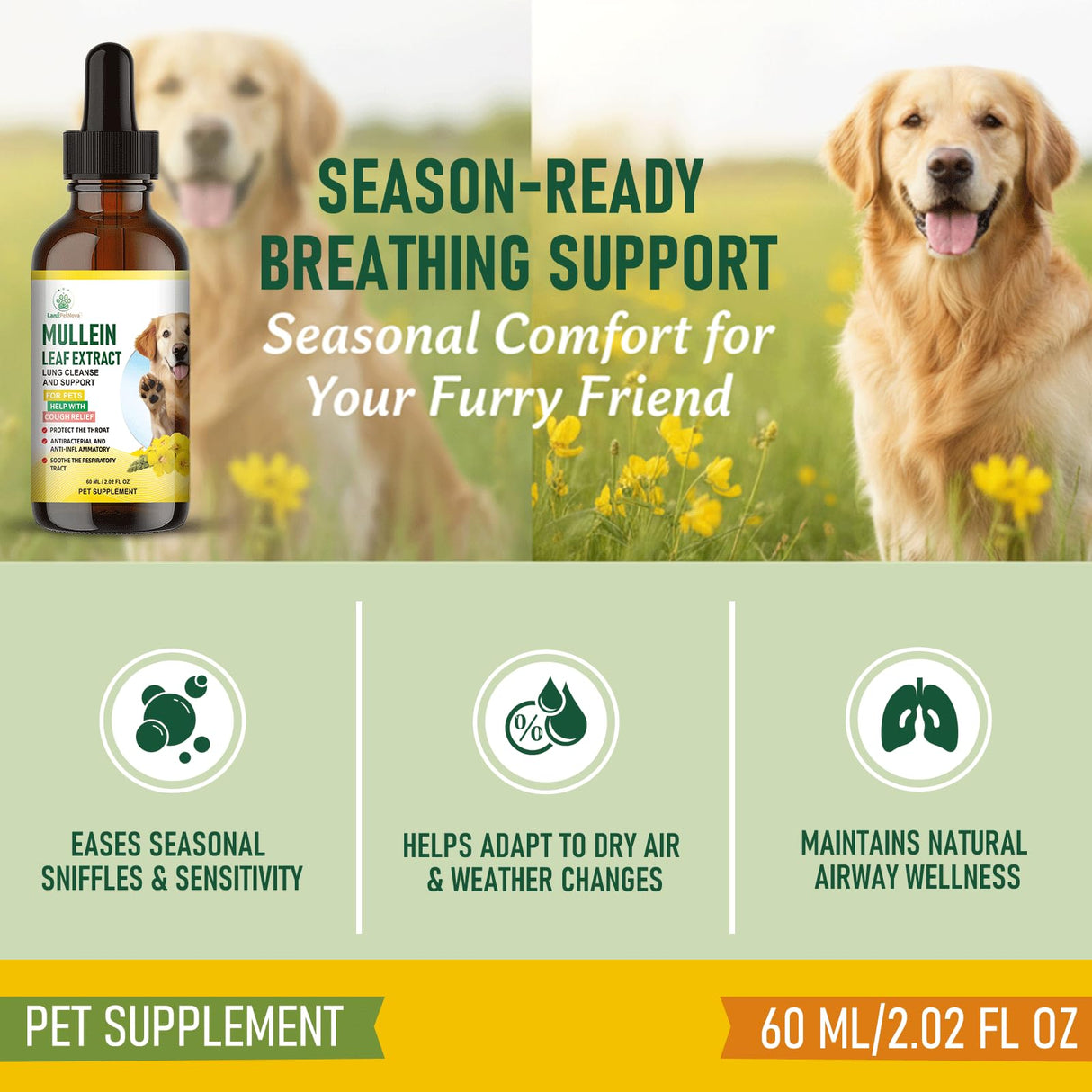 Mullein Lung Support Drops for Dogs & Cats, Relieves Kennel & Dry & Wet Cough, Lung Cleanse, Soothes Sore Throat, Eases Breathing - Pure Plant Extract, Hormone & Chemical Free, with Chlorophyll