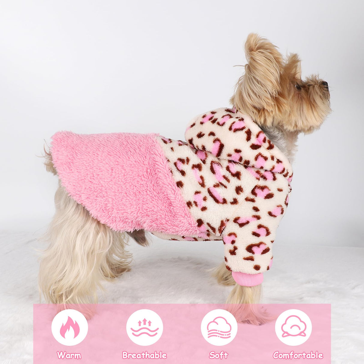 Yikeyo Dog Sweaters for Small Dogs, Winter Dogs Hoodies Boy Girl, Warm Fleece Clothes for Teacup Chihuahua Yorkie, Pet Apparel Outfit,Pink Leopard,XXS
