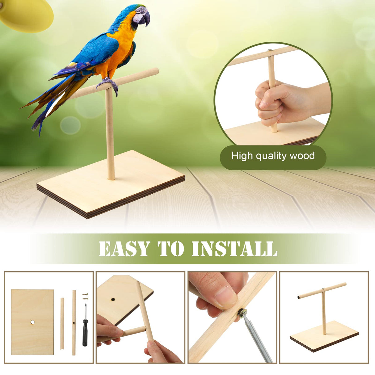Cunno 3 Pcs Bird Training Stand Kit, Parrot Training Clicker Portable Tabletop Bird Perch and Target Stick, Wooden Spin Perch Clickers with Wrist Strap for Parakeet Conure Lovebird Cockatiel
