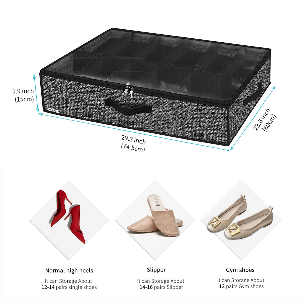 Onlyeasy Sturdy Under Bed Shoe Storage Organizer, Set of 2, Fit 12 to 24 Pairs, Underbed Shoes Closet Storage Solution with Clear Window, Breathable, L29.3 x W23.6 x H5.9, Linen-like Black, MXAUBSB2P