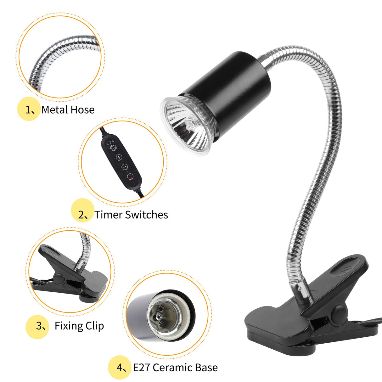 LUCKY HERP Reptile Heat Lamp with Clamp, Aquarium Turtle Tank Basking Light with 360° Rotatable Timing & Dimming and 2 Pack 50W UVA UVB Heat Light Bulb for Turtle Tortoise Lizard