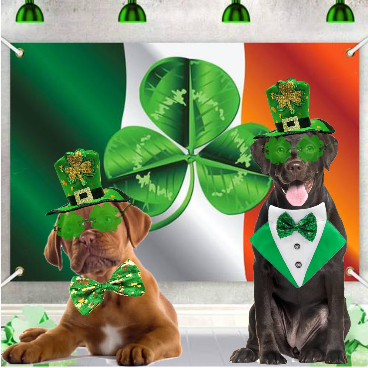 3PCS St. Patrick's Day Pet Costume Dog Top Hat Irish Tuxedo Bandana Green Collar Scarf Shamrock Sunglasses Kit Leprechaun Outfits for Medium Large Dogs Irish Party Lucky Dress Up Accessories