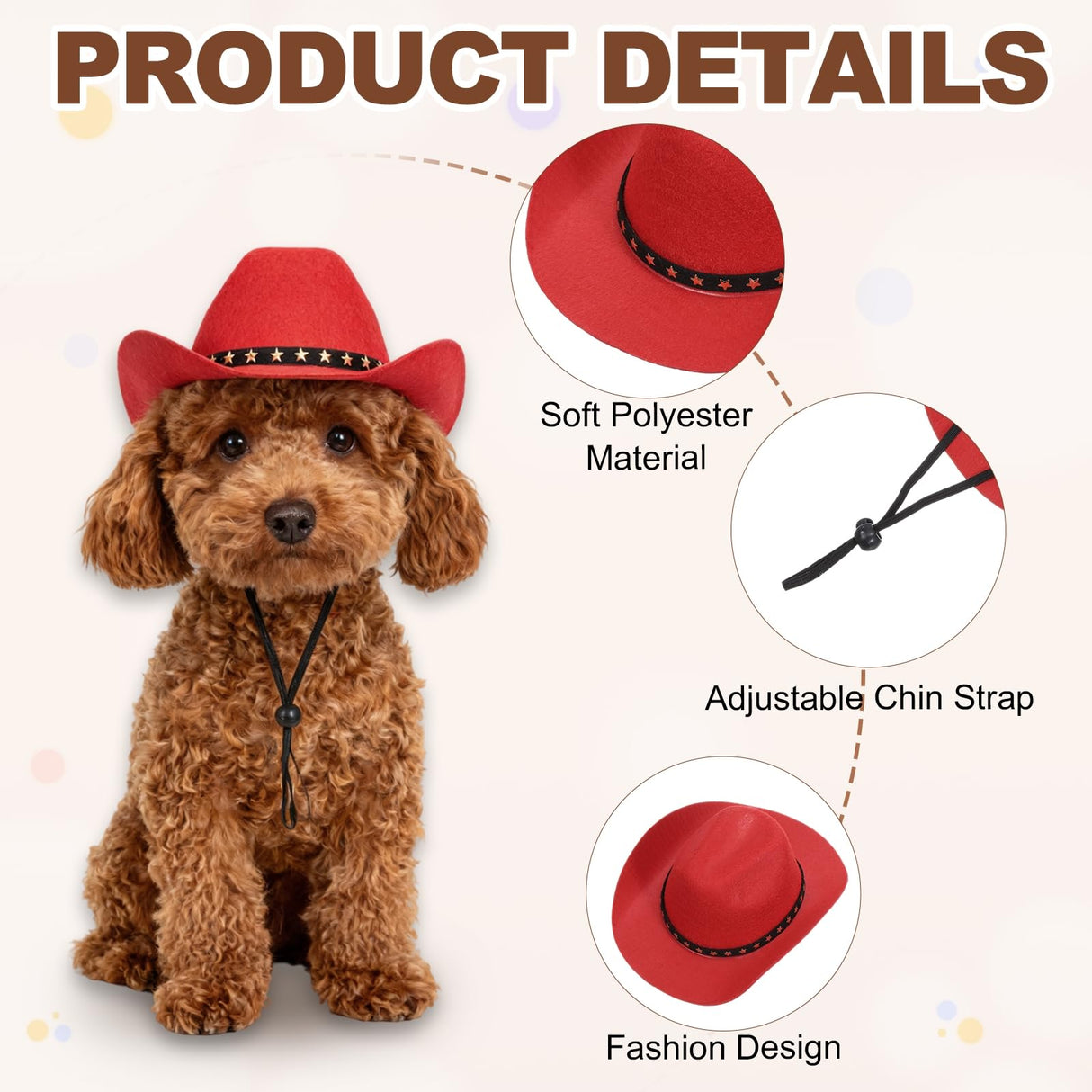 PETAXCELL Dog Cowboy Hat, Mini Cowboy Hat for Pet with Chin Strap Adjustable Cosplay Cap, (Red, M), Intended for Dogs and Cats/Halloween Costume/Party Decoration