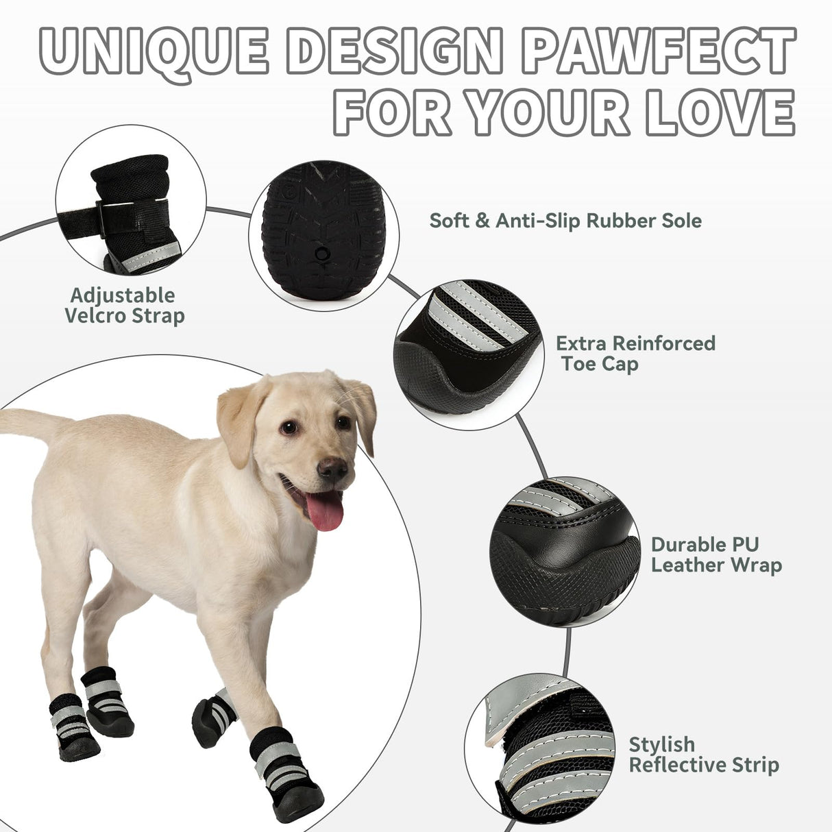 Furrtripsy Dog Boots, Waterproof Dog Shoes with Reflective Straps, Rugged Anti-Slip Sole Paw Protectors for Medium Large Dogs, Breathable Pet Booties for Hot Pavement, Snow, Hiking, 4Pcs