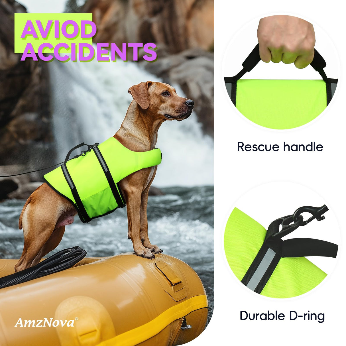 AMZNOVA Rip Stop Dog Life Jacket, Dog Life Vest for Swimming & Boating, Lightweight & Buoyancy for Doggy Puppy, Lifejacket with Handle, M, Bright Yellow