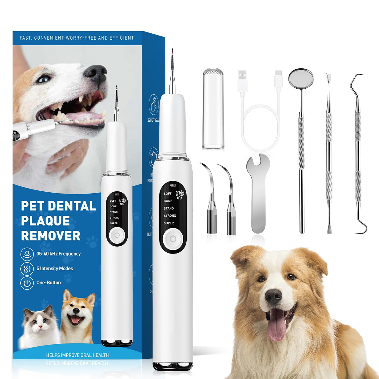 SylvanSparkKitchen Dog Plaque and Tartar Remover Plaque Remover for Teeth with Led Light 5 Adjustable Modes Electric Toothbrush Teeth Cleaning Kit for Dog and Cat Pet Ultrasonic Tooth Cleaner
