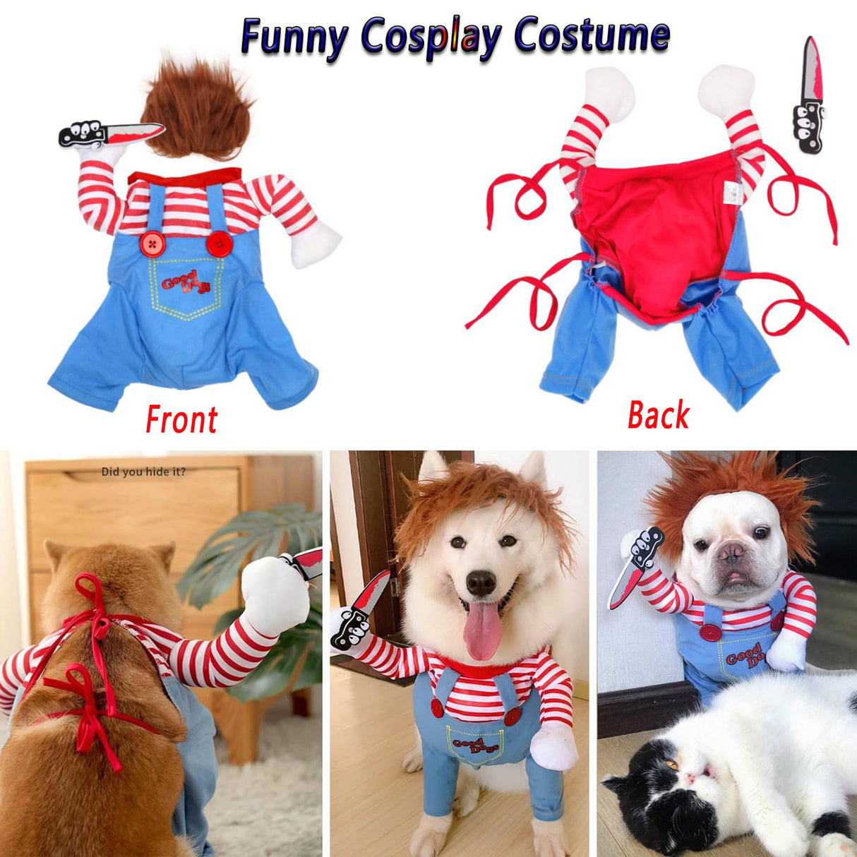 Pet Deadly Doll Dog Costume - Funny Halloween Chucky Outfit for Small, Medium, Large Dogs, Cats, Puppies - Cute Party Cosplay Dress Up - Scary Spooky Kitty Apparel
