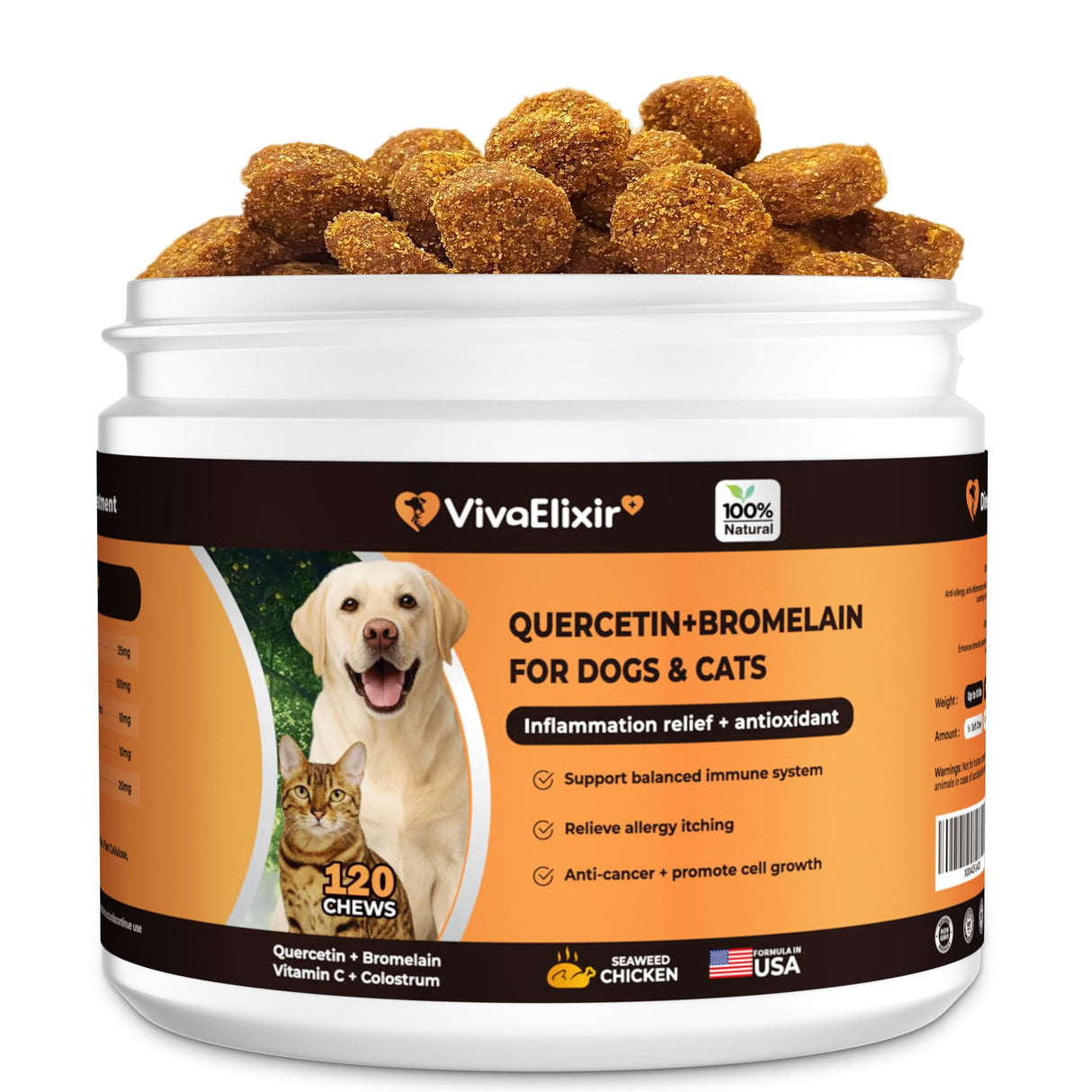 Quercetin & Bromelain for Dogs & Cats with Colostrum & Probiotics - Supports Immune System, Relieves Itchy Allergies, Anti-Inflammatory Antioxidants, Veterinarian Recommended, 120 Chewable Tablets