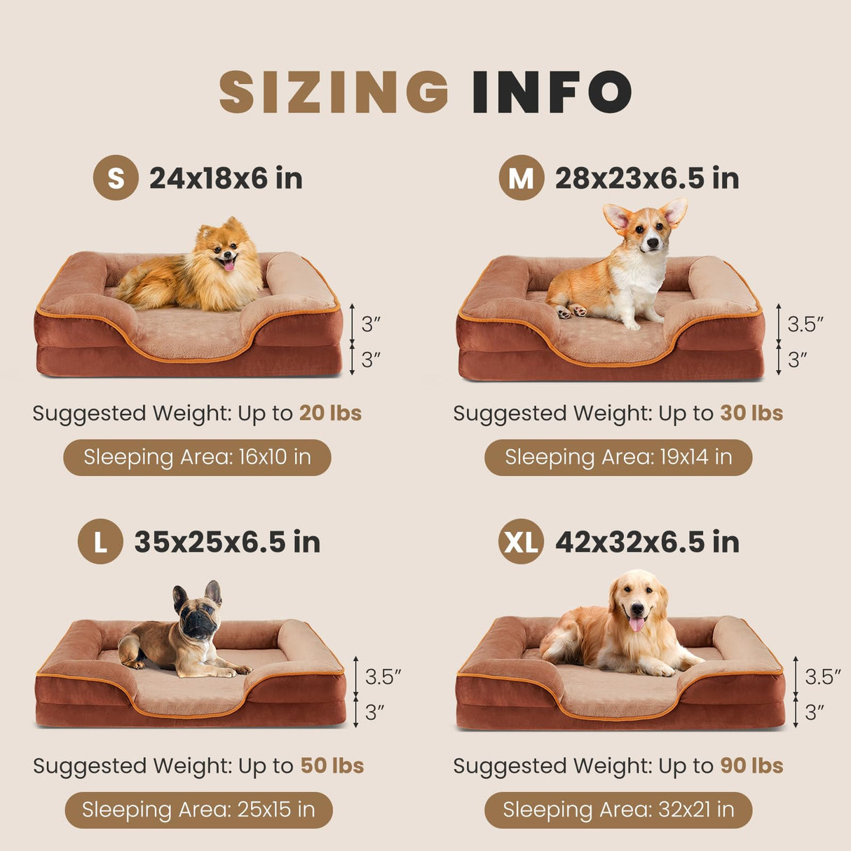 DUMOS Dog Beds, Orthopedic Medium Large Dog Bed, Machine Washable with Memory Foam, Waterproof Comfort Pet Beds with Sides, 42x32 Inch Medium Sized Brown
