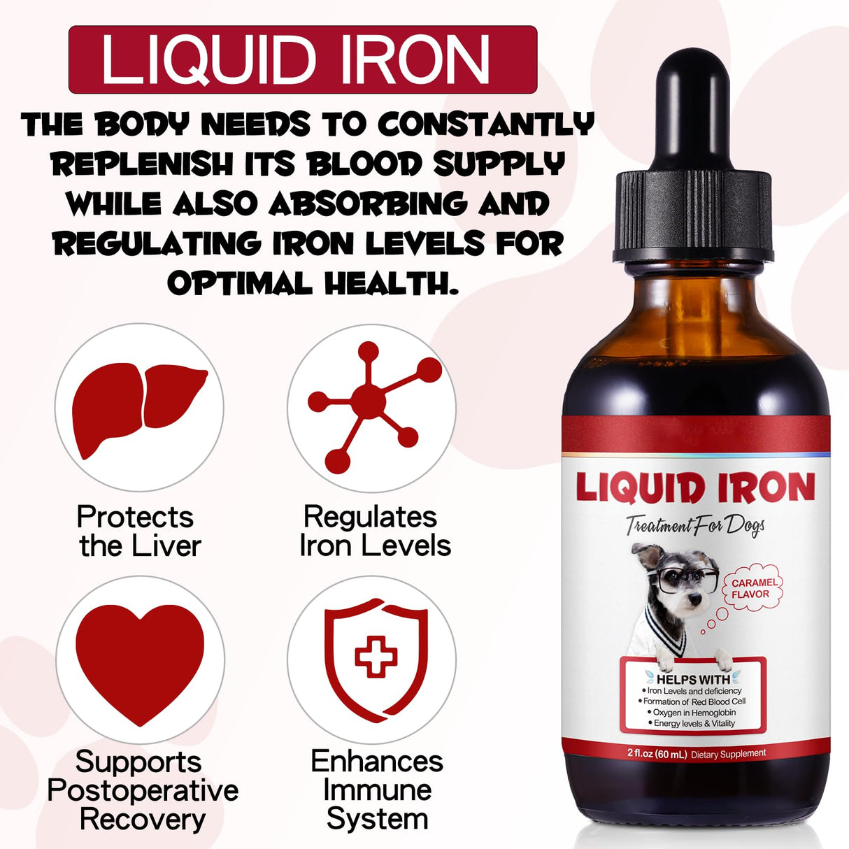 Iron Supplements for Dogs, Liquid Iron for Dogs with Folate and B12 Supports Anemia, Supplement for Anemia, Promotes Blood Health 2 oz