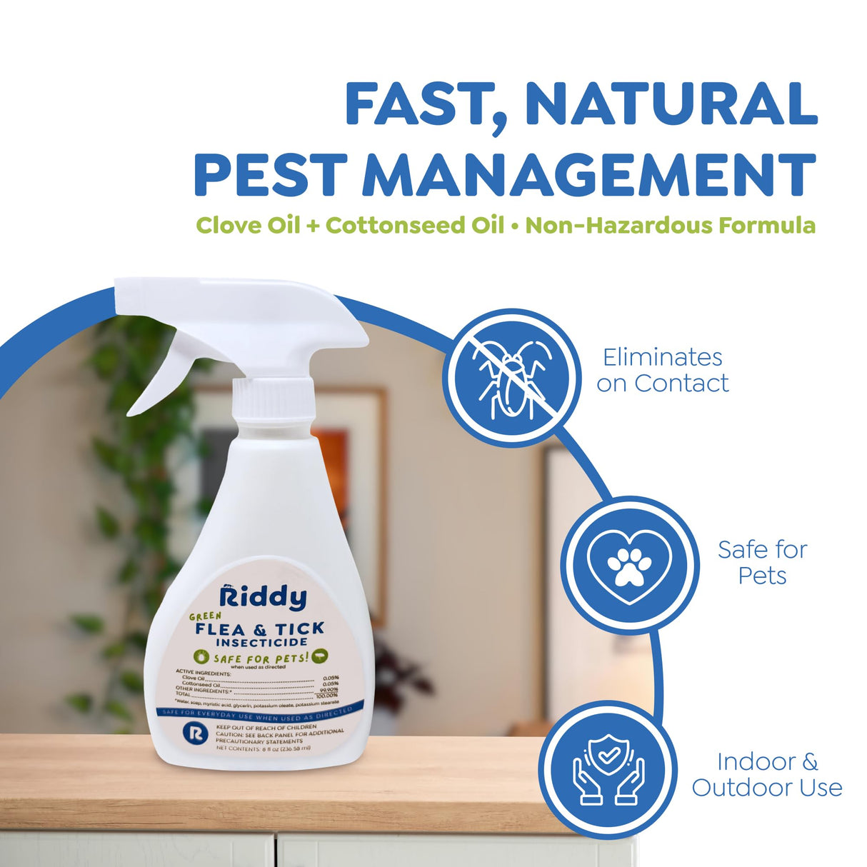 Riddy Flea & Tick Natural Spray for Pets with Essential Oils Safe Non-Hazardous Indoor and Outdoor Control, 8 oz, 1 Pack