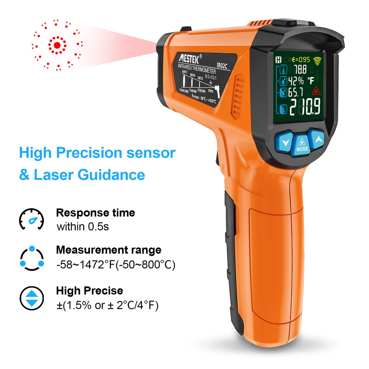 MESTEK Infrared ThermometerTemperature Gun with K Probe Digital Laser IR Thermometetr Temp Gun -58℉~1472℉ Color LCD Screen Alarm Function Adjustable Emissivity for Cooking Grill Pizza Oven