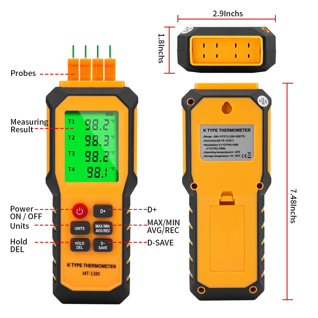 4-Channel K-Type Temperature Thermometer with LCD Backlight Measurement Range- 328℉~2501℉,YMZMeter Temperature Data Logger Comes with 4 PCS Thermocouple Probe Sensor -104℉~752 ℉ 9V Battery Included.