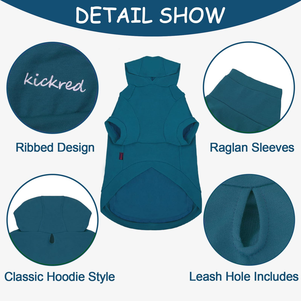 Kickred 2 Pieces Basic Cotton Dog Hoodie Sweater, Soft Pet Clothes Dog Sweatshirts, Dog Outfit Coat Pullover with Pocket and Leash Hole for Small Medium Large Dogs, Turquoise & Dark Blue (X-Large)