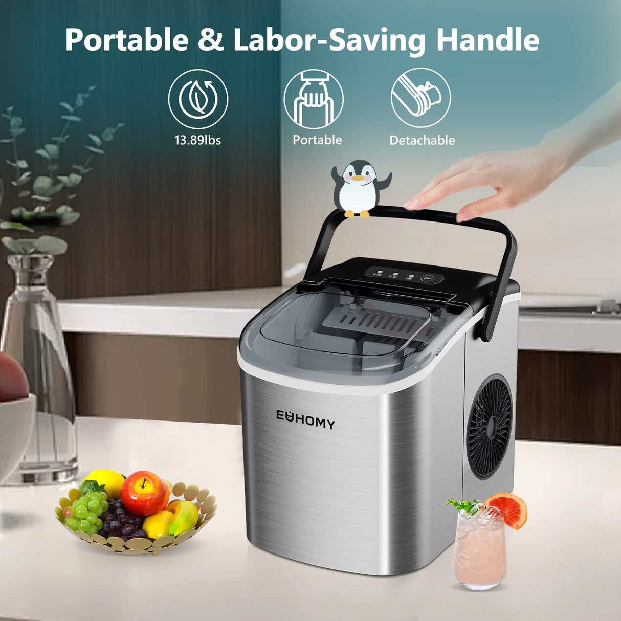 EUHOMY Countertop Ice Maker Machine with Handle, 26lbs Per Day, 9 Ice Cubes Ready in 6 Mins, Auto-Cleaning Portable Ice Maker with Basket and Scoop, for Home/Kitchen/Camping/RV (Silver)
