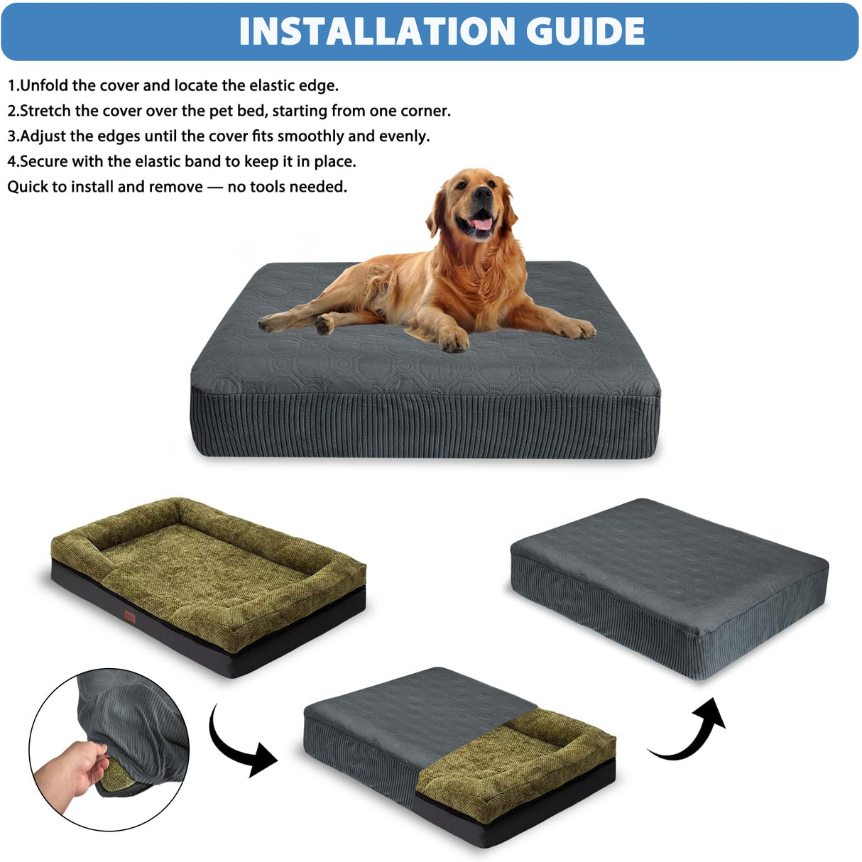TOPHMDECOR Dog Bed Cover Waterproof, Non-Slip Rectangular Pet Bed Protector for Dogs & Cats, Removable Washable Bed Sheet Replacement,44"x35"x8",Gray,2Pcs,Covers Only
