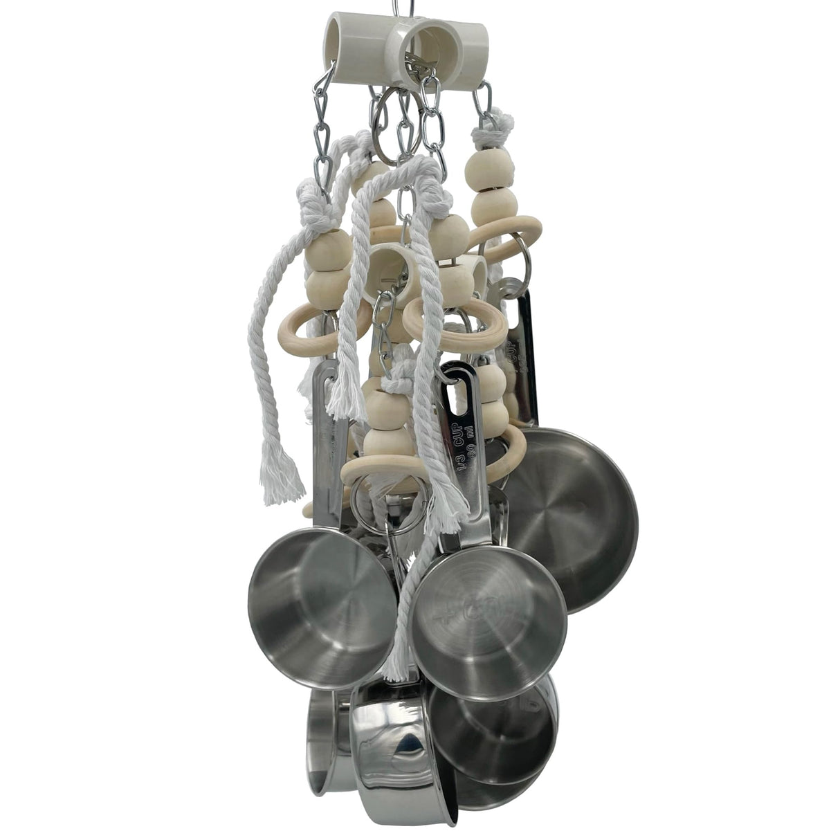 GILYGI Durable Stainless Steel Pots & Wooden Beads Parrot Toys - Pullable 8 Metallic Cups & 8 Natural Dye-Free Rings for Large & Extra Large Parrots Macaws Amazons African Greys Cockatoos Eclectus