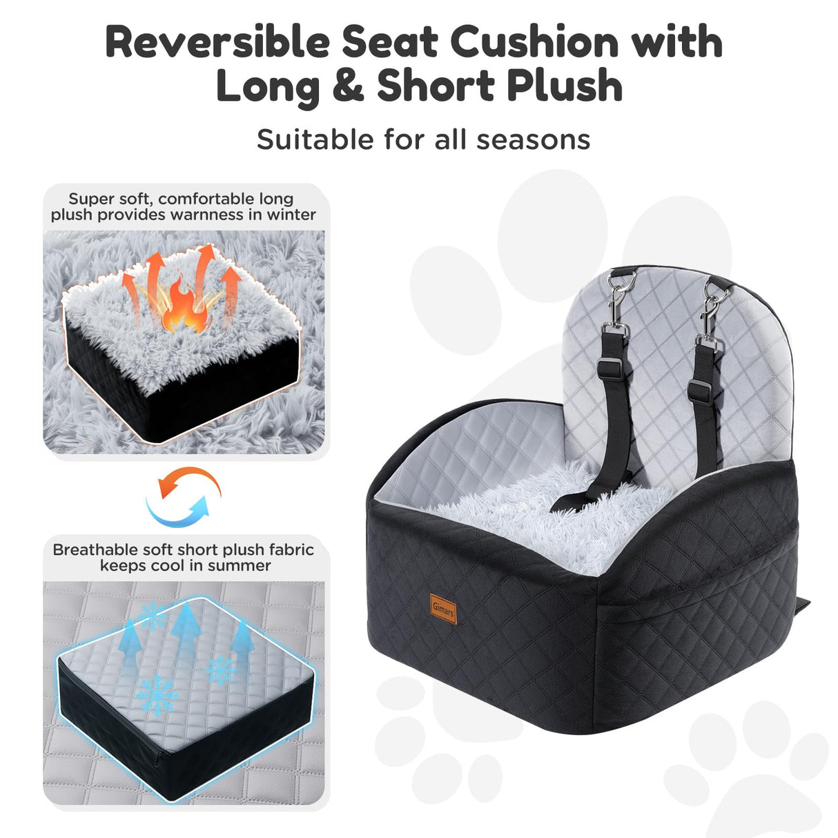 Gimars Upgrade Dog Car Seat with Reversible Long & Short Plush Seat Cushion for Small/Medium Dogs Up to 40lbs, Detachable Washable Anti-Slip Dog Booster Seat with 5.9'' 28D Egg-Crate Foam, S