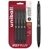 uniball 207 Plus+ Retractable Gel Pens, Medium Point (0.7mm), Black, 4 Pack