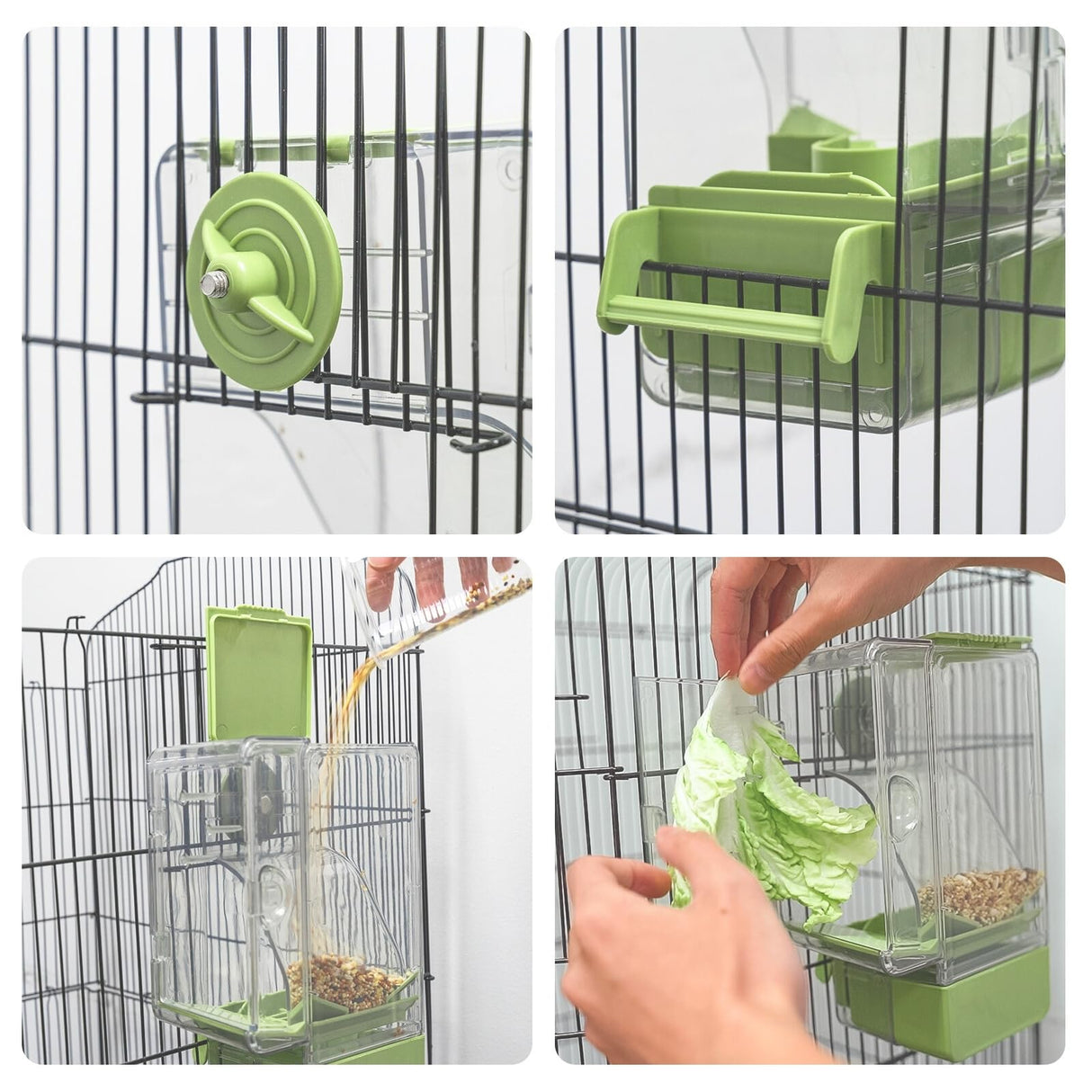 Automatic Bird Feeder, Bird Cage Feeder with Perch Multi-Functional Holder for Fruits Vegetables for Parakeet Canary Cockatiel Finch (Green)