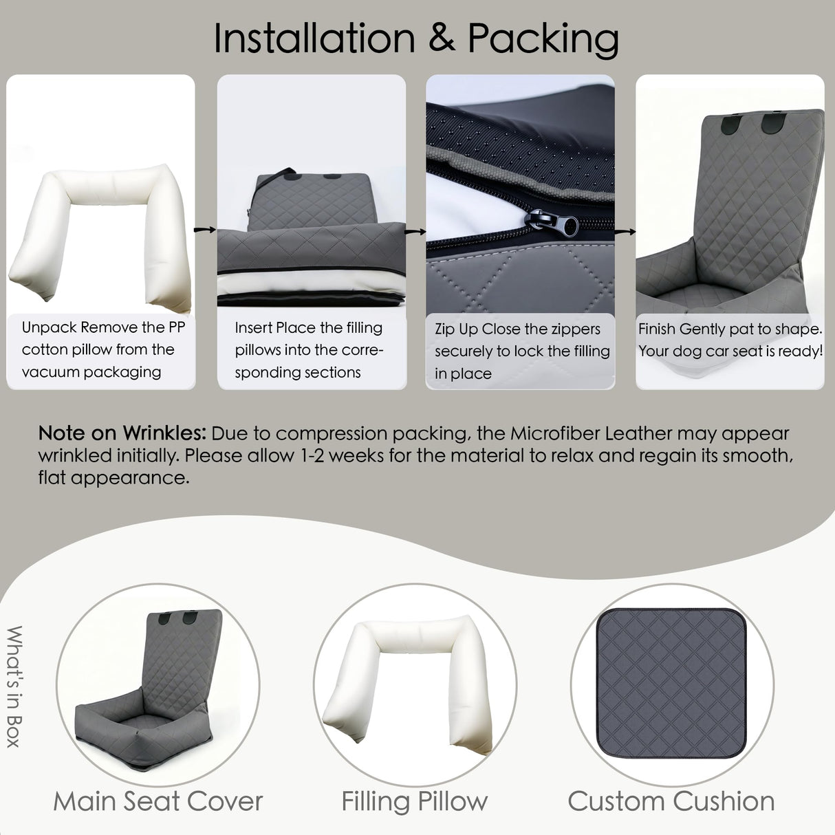 Microfiber Leather Dog Car Seat for Small & Medium Dogs, Waterproof Pet Car Seat with Washable Pee Pad, Scratch & Fur Resistant, Foldable Dog Bed for Home & Travel, Non-Slip Design, Matte Gray