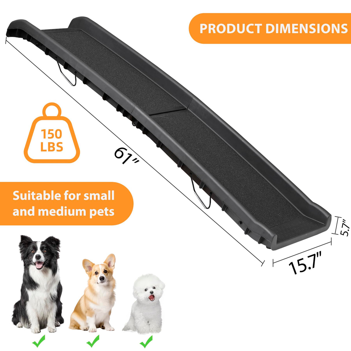 JupiterForce Folding Dog Ramp for Car, Non-Slip Pet Ramp with High Traction Surface, Portable & Lightweight Dog Ramps for SUV, Truck & Bed, Supports Large & Small Dogs