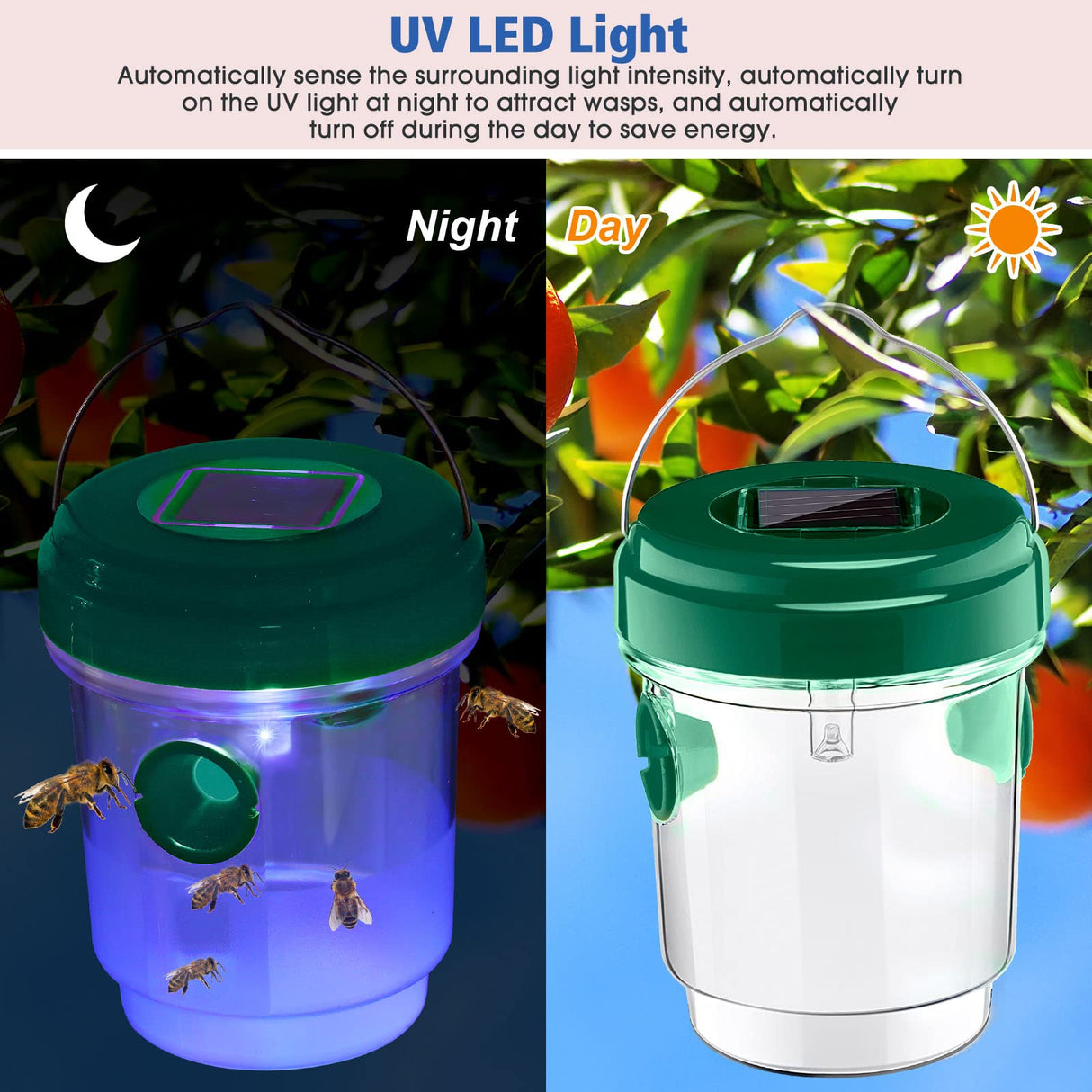 6 Pack Wasp Traps Outdoor Hanging Solar Wasp Killer Reusable Bees Trap with UV LED Light Solar Powered Hornet Trap for Indoor Outdoor Patio Garden Home with Snap Hooks and String (Orange)