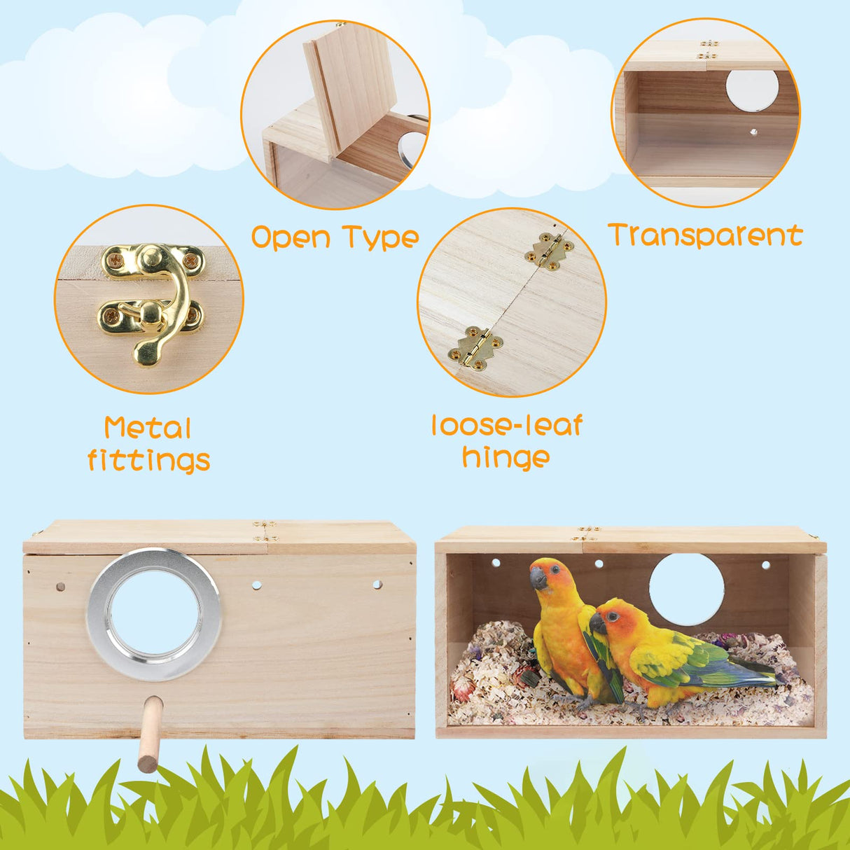 Rypet Parakeet Nesting Box Transparent Design, Thwartwise Bird Nest Breeding Box with Perch Wood Bird Cage House for Cockatiel Lovebirds Budgie Finch Parrotlets Canary M