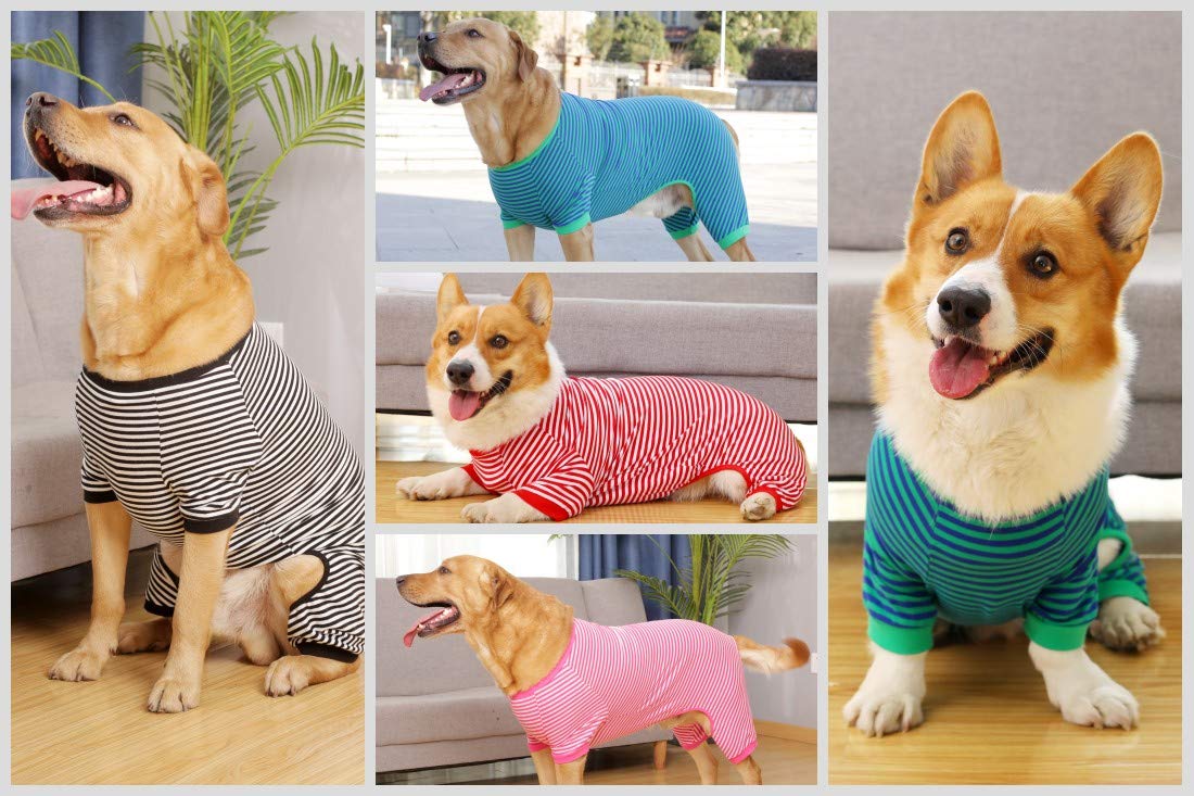 Dog Pajamas Cotton Striped Pup Jumpsuit, Breathable 4 Legs Basic Pjs Shirts for Puppy and Cat, Super Soft Stretchable Dog Jammies for Boys and Girls (X-Large, Pink+Green)