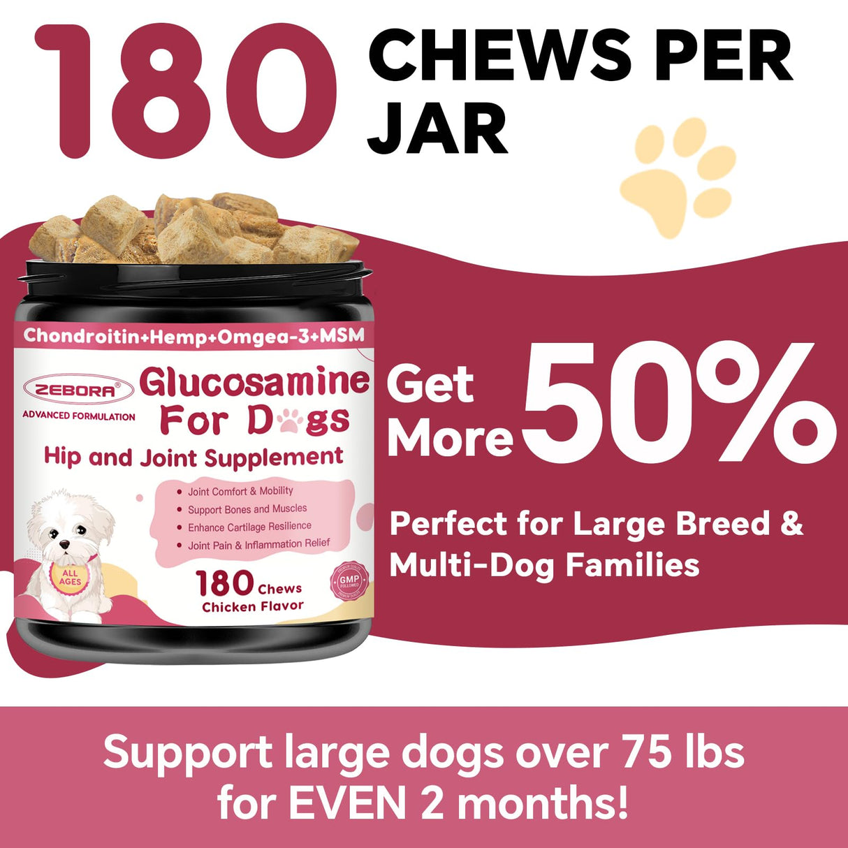 Glucosamine for Dogs - Joint Supplement for Dogs with Chondroitin, MSM, Omega 3, Hemp, Turmeric for Dog Joint Pain Relief, Dog Joint Supplement with Calcium Support Cartilage & Bone Health, 180 Chews