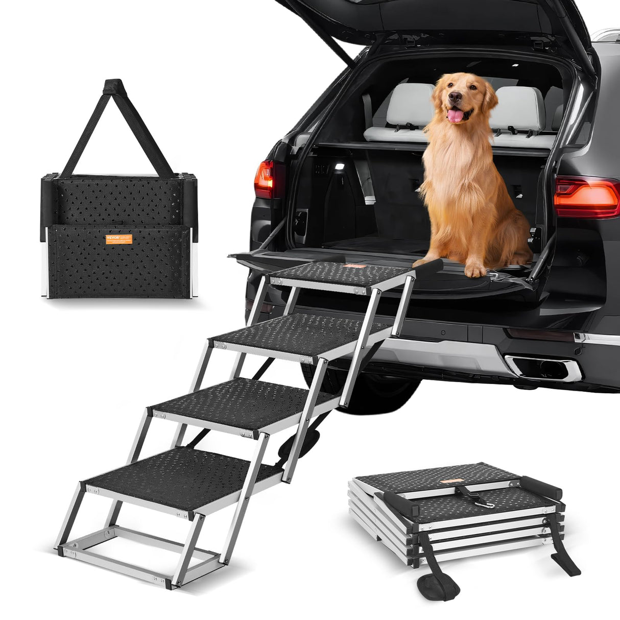 VEVOR 4-Step Dog Car Steps, Folding Dog Ramp with Nonslip Surface, Portable Pet Steps in Aluminum for Car, SUV and Truck, Supports up to 250 lbs