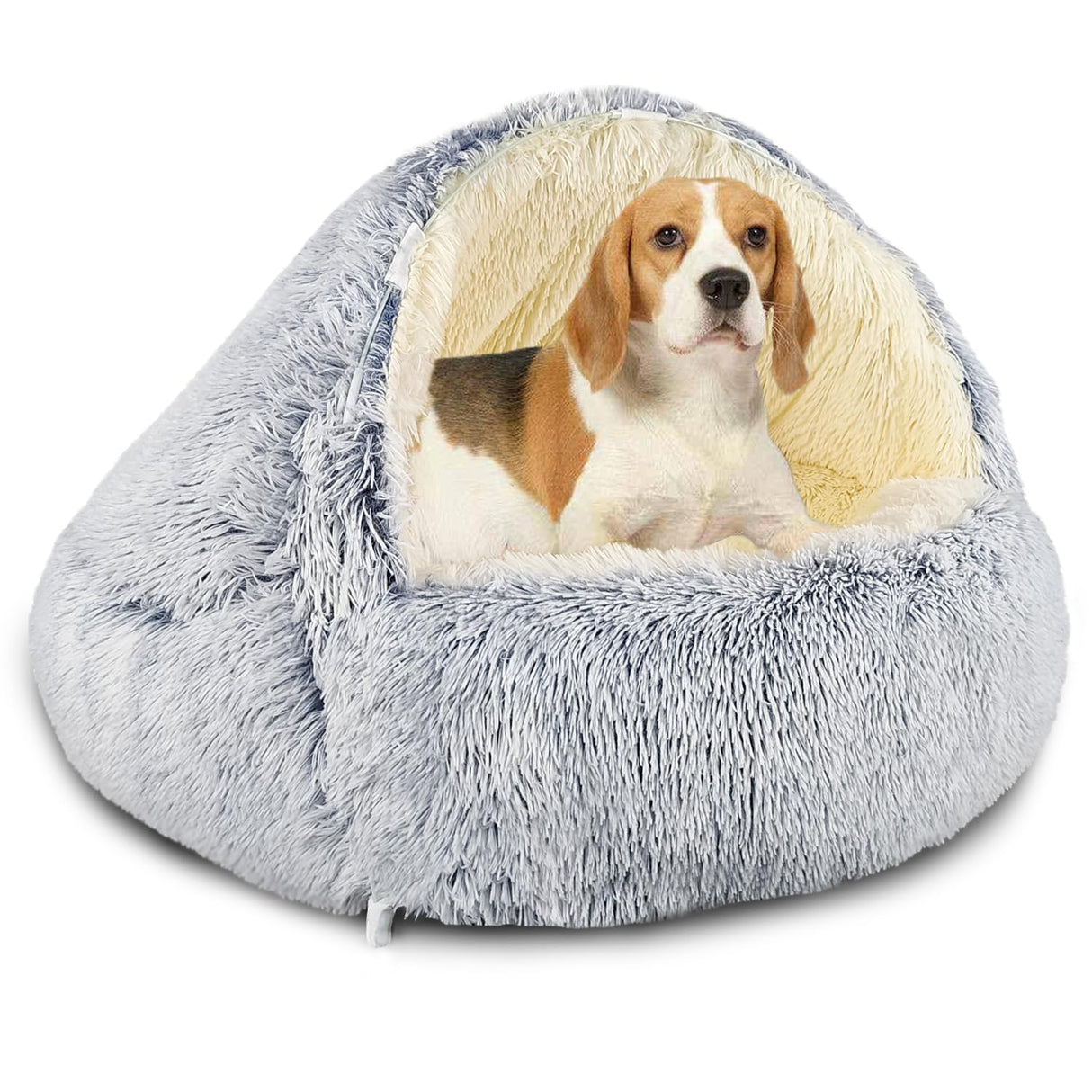 SUOXU Hooded with Supports Dog Bed,Deluxe Plush Dog Cave Bed for Medium Small Dogs Cats Under 22 lbs/10kg, Warming Cozy Soft Faux Fur Donut Pet Bed,Removable Washable Cover and Anti Slip Bottom