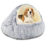 SUOXU Hooded with Supports Dog Bed,Deluxe Plush Dog Cave Bed for Medium Small Dogs Cats Under 22 lbs/10kg, Warming Cozy Soft Faux Fur Donut Pet Bed,Removable Washable Cover and Anti Slip Bottom