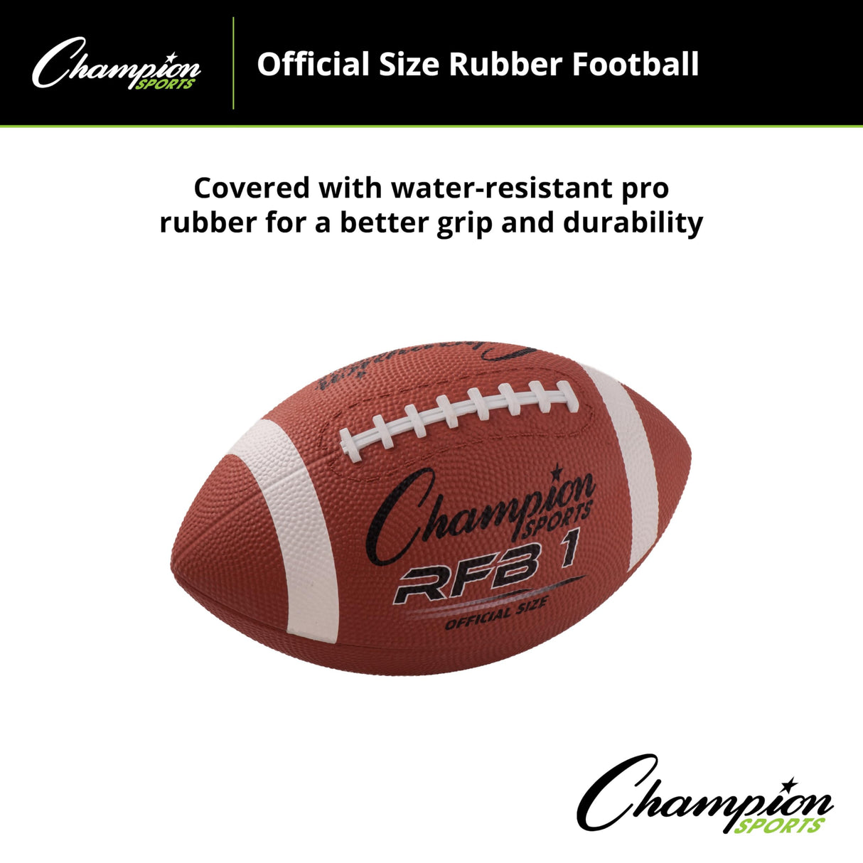 Champion Sports Rubber Football – Durable All-Weather Football with Enhanced Grip - Backyard Play & Training - Official Size