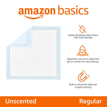 Load image into Gallery viewer, Amazon Basics Dog and Puppy Pee Pads, 5-Layer Leak-Proof Super Absorbent, Quick-Dry Surface, Potty Training, Regular (22x22"), 100 Count, Blue &amp; White

