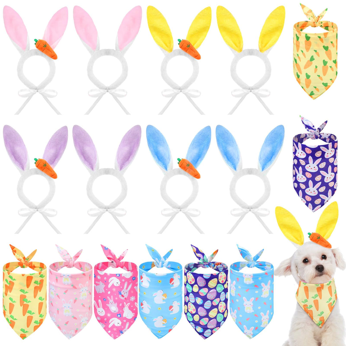 SilTriangle 16 Pack Dog Easter Outfit Including 8 Bunny Ears Headband and 8 Easter Dog Bandana Four Colors Bunny Ears Pet Bandana with Different Patterns