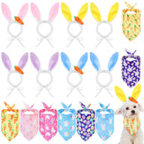 SilTriangle 16 Pack Dog Easter Outfit Including 8 Bunny Ears Headband and 8 Easter Dog Bandana Four Colors Bunny Ears Pet Bandana with Different Patterns