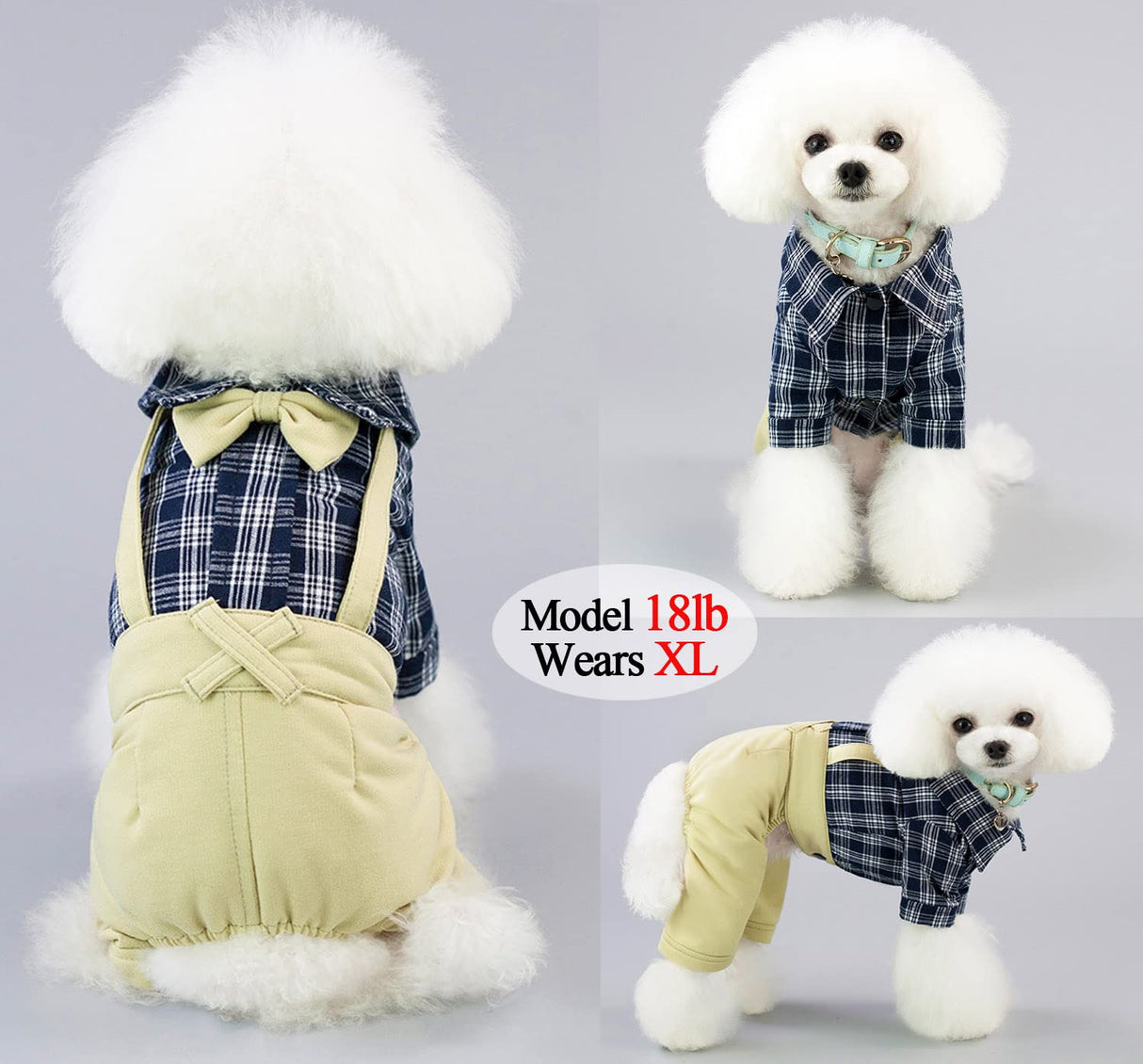 Pet Clothes Dog Shirts Classic Plaid Striped Overall Jumpsuit, Gentle Puppy Wedding Birthday Western Onesies Apparel, Fashion Daily Outfit with Bowtie for Dogs and Cats (X-Small, Khaki)