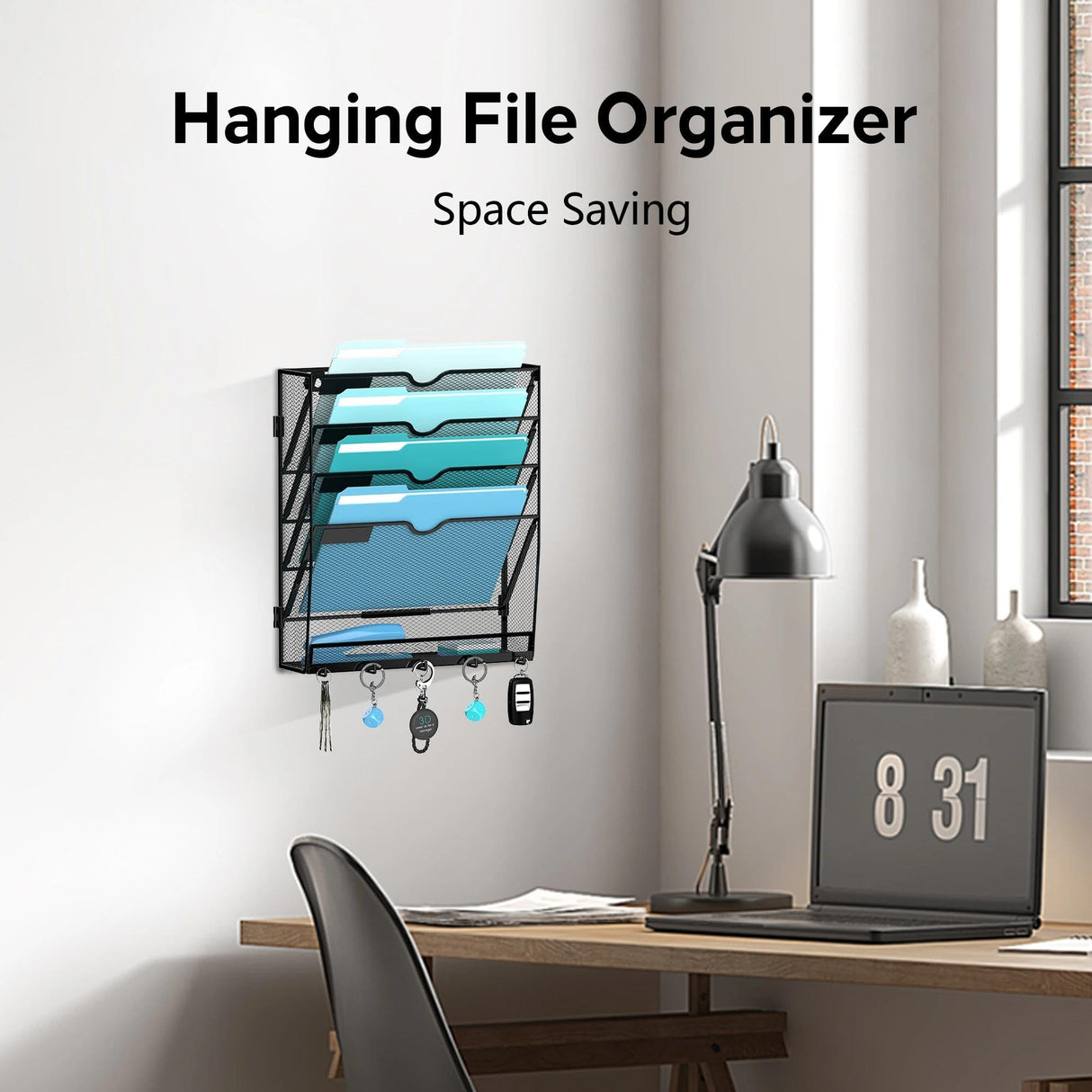 JMHUD 5 Tier Wall File Organizer - Hanging File Organizer with 5 Hooks, Mail Holder Wall Mounted for Papers, Folders, Magazines, Bills, Office&School Organization, Black