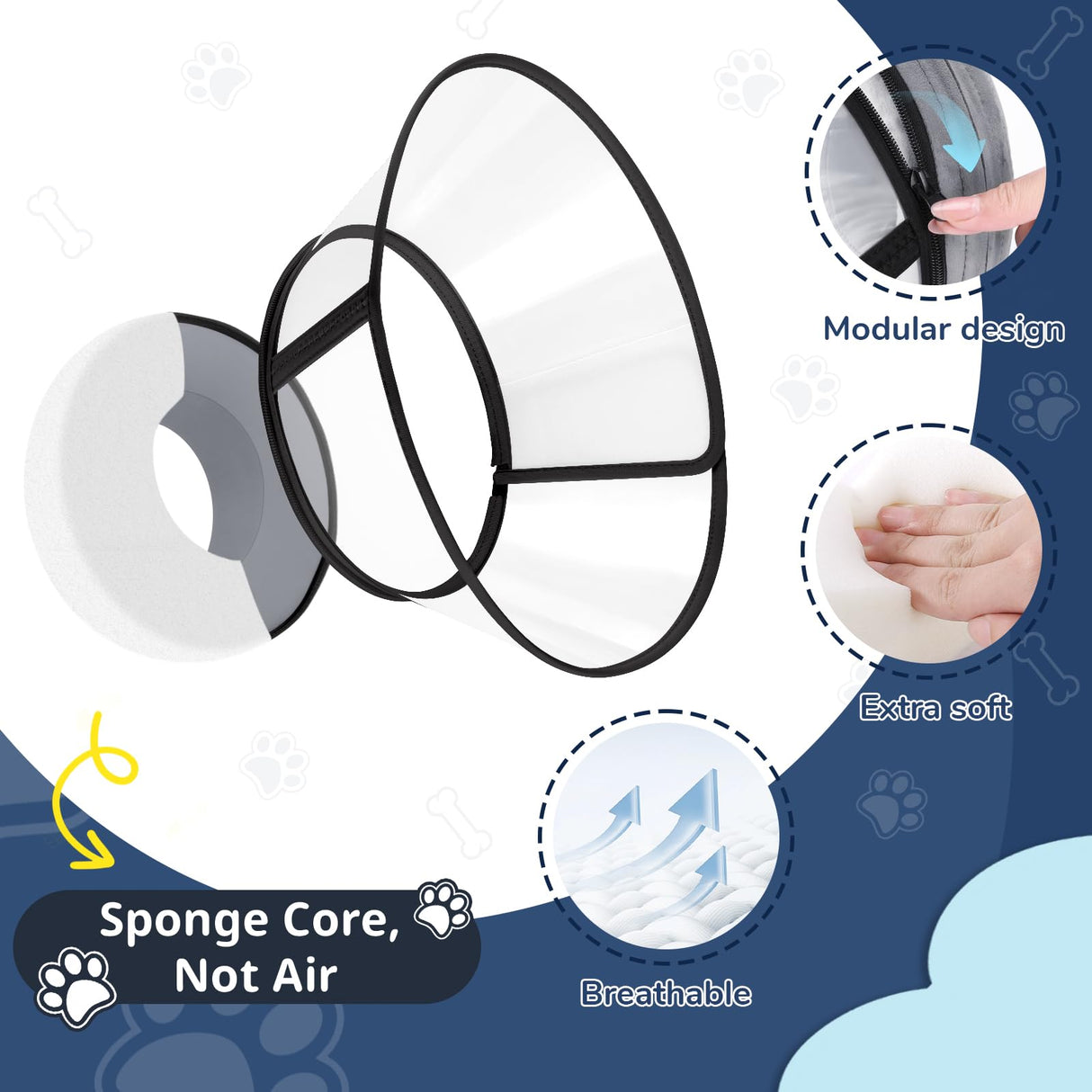 Sponge Core Dog Cone, Inflatable Dog Cone Collar Alternative, Dogs Donut Collar After Surgery, Soft Cone for Large Medium Small Dogs to Stop Licking, No Inflation Required, Clear View(Size 6, Gray)
