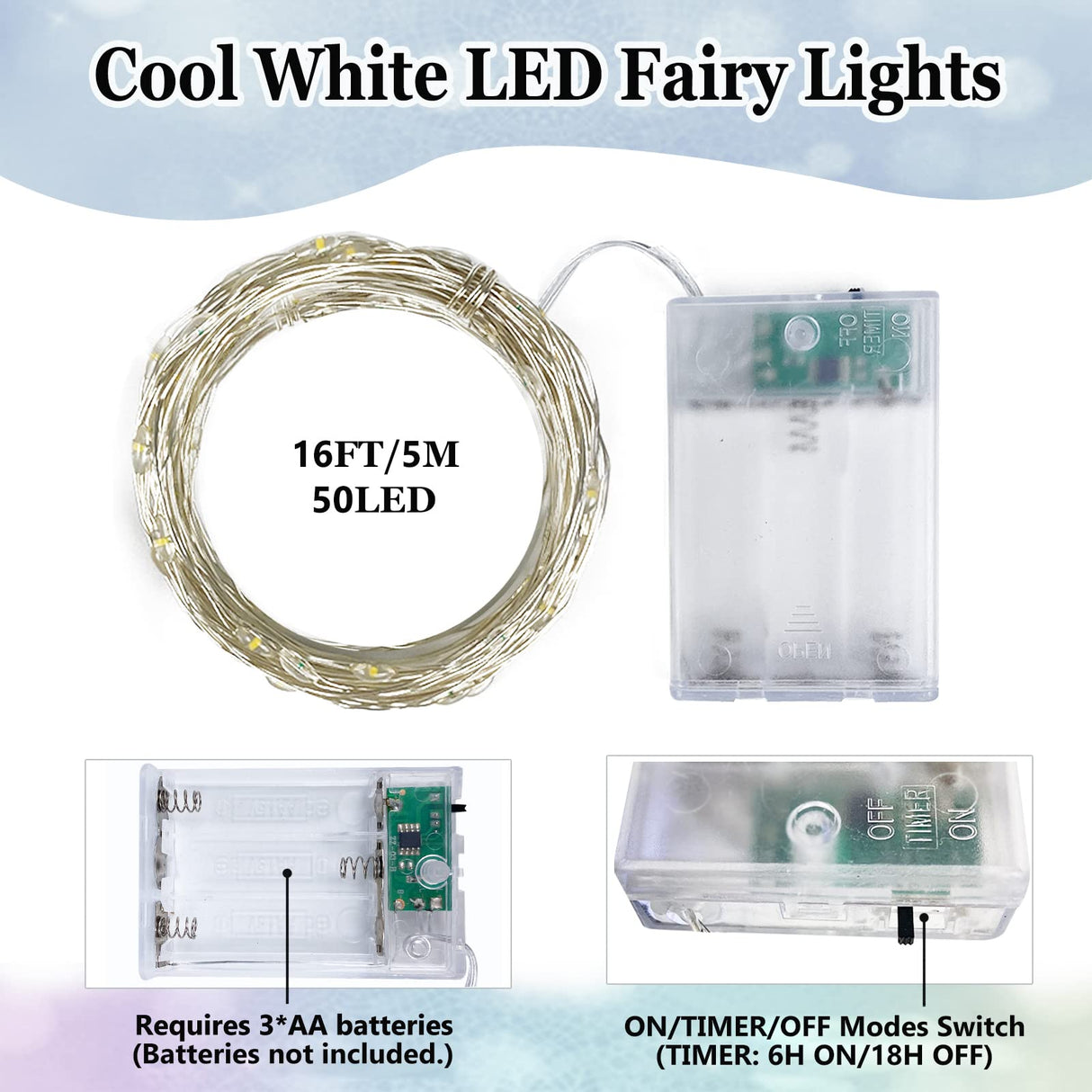 4-Pack White Fairy Lights Battery Operated with Timer, Waterproof 16FT 50 LED String Lights Outdoor Indoor, Twinkle Lights for Bedroom Home Wedding Birthday Christmas Parties Centerpiece (Cool White)
