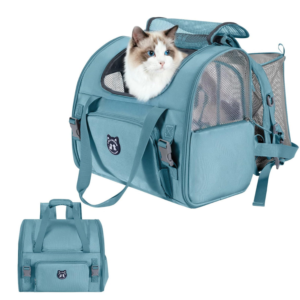 Lollimeow Expandable Cat Carrier Backpack for Large Cats - Airline Approved Pet Carrier Backpack for Small Dogs, Hiking & Travel, Waterproof with Breathable Mesh, 14lbs Capacity (Polar Blue, Standard)